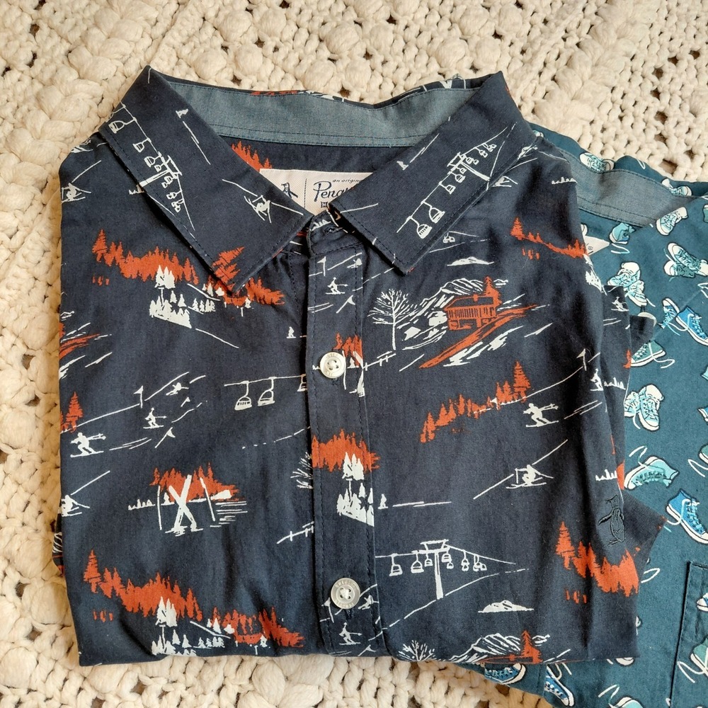 Lot 4 Penguin Mens XL Button Up AOP Graphic Shirt Funny Humor Shoes Ski Fruit - Picture 2 of 10